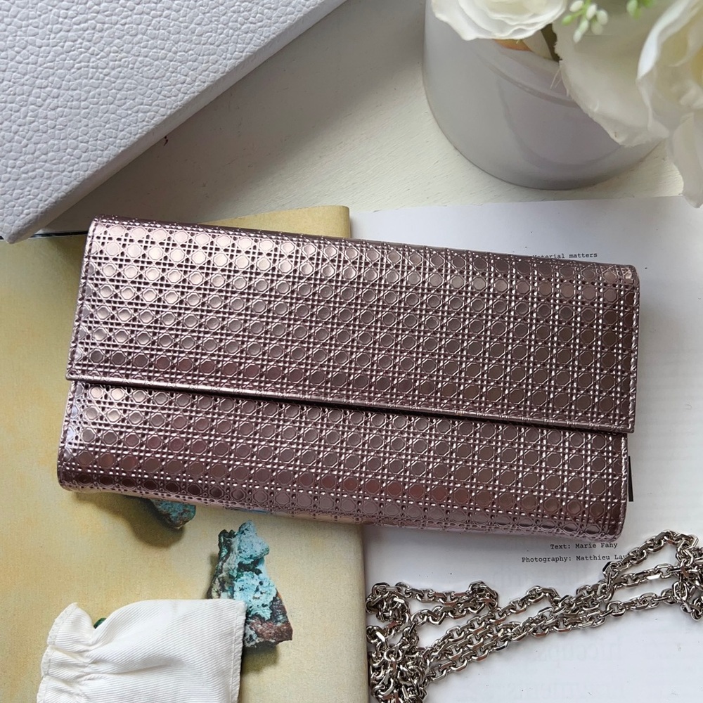 Dior Lady Dior Micro-Cannage Metallic Rose Gold Wallet On Chain New